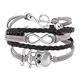 Gray Black Braided Leather Wrap Bracelet Sideways Infinity Skull Music Note Girls Wristband Bracelets