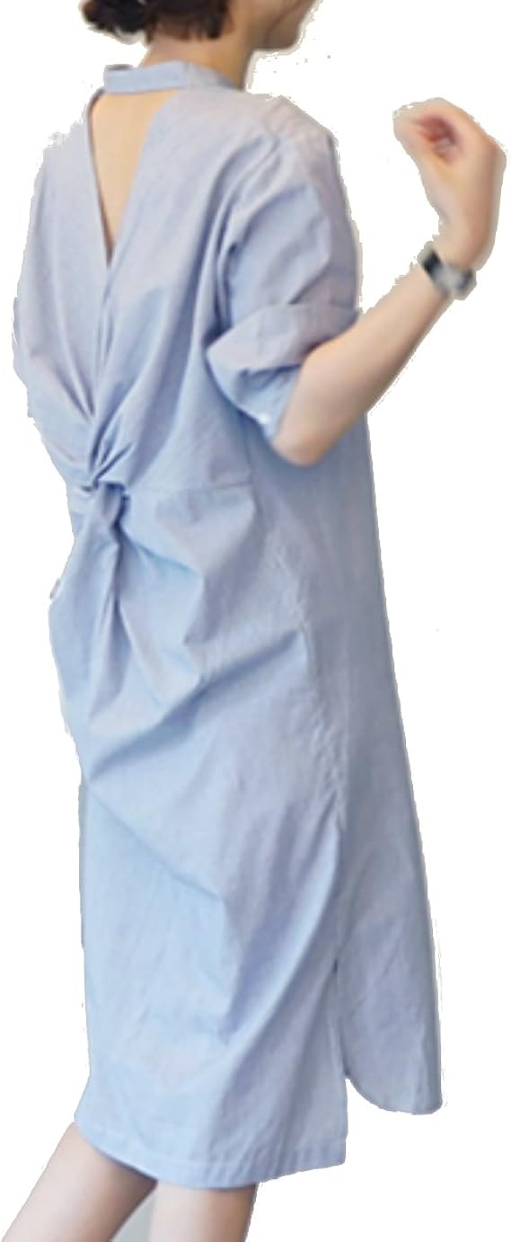 Amazon Sweeml レディース 背中開き シャツワンピース バックシャン 5分袖 スタンドカラー ワンピース チュニック 通販