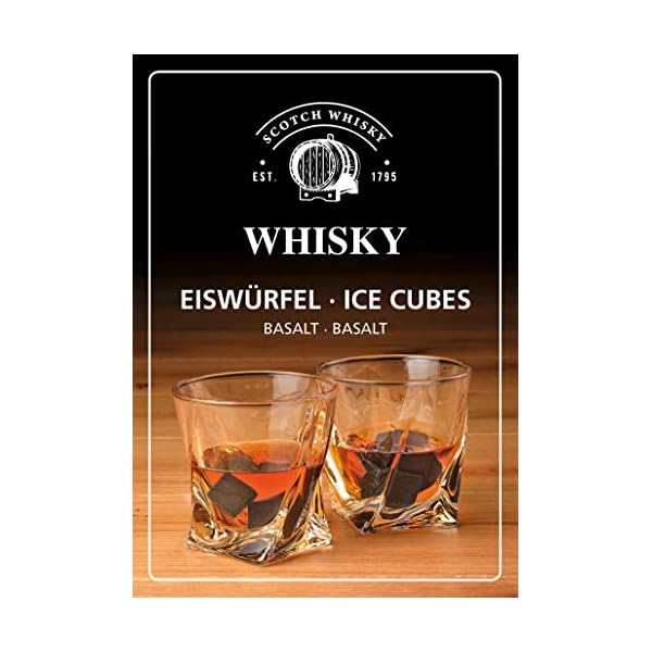 WOMA Whisky Steine Set I 8 Kühlwürfel aus Basalt inkl. Samtbeutel, 4 Whiskey Gläser & hochwertiger Holzbox I Wiederverwendbare Eiswürfel für Whiskey Wodka Gin Rum Tequila & Cocktails – Bild 4