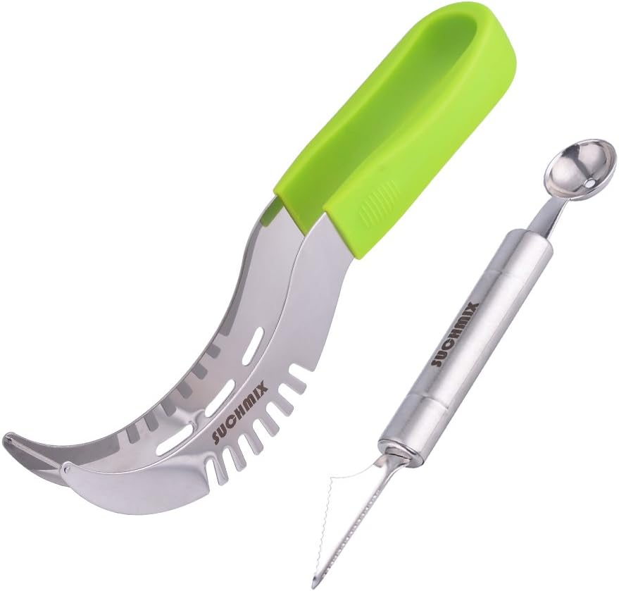 Premium Stainless Steel Watermelon Slicer and Tongs by SUCHMIX,New Extended Non Slip Handle Made to Slice and Serve with Ease - No Mess, Less Stress, Bonus Melon Baller Scoop and Gift Box.