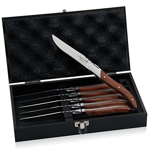 FlyingColors Laguiole Steak Knife Set. Stainless Steel, Rose Wood
Handle, Gift Wooden Box, 6 Pieces