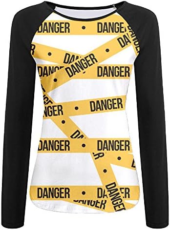 Danger Tape Art Women's Color Block Long Sleeve T-Shirts Crew-Neck Casual Slim Tops