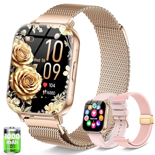 Women's Smartwatch, 1.85 Inches HD Watch 30+ Tage Autarkiezeit Telefonfunktion mit Herzfrequence/SpO2/Schlaf Monitor 120+ Sportmodi Schrittzähler Fitness Smart Watch for iOS Android, Roségold/1000mAh