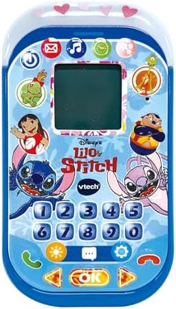 - Telefone educativo Stitch, brinquedos eletrónicos para crianças +4 anos, ecrã LCD, tira de luz, minijogos de matemática, voz original, teclado e chamadas, versão ESP