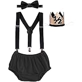 IBTOM CASTLE Baby Boy 1/2 Birthday Cake Smash Outfit Diaper Cover+Suspenders+Bow Tie+Crown Newborn Photography Clothes Set