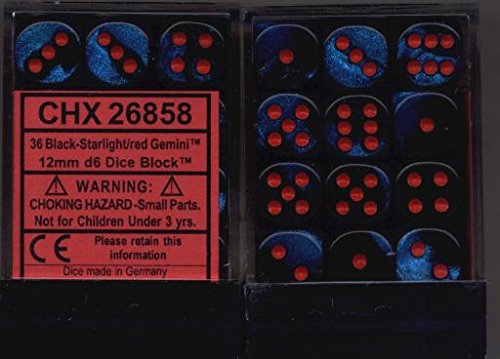 Chessex Dice d6 Sets: Gemini Black / Starlight with Red - 12mm Six Sided Die (36) Block of Dice