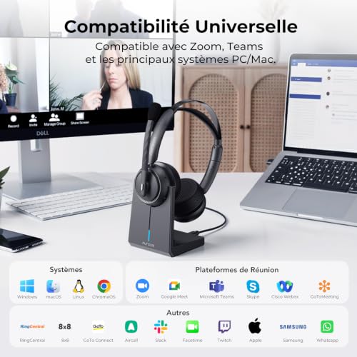 Nuroum HP31D 2026 Professional Wireless Bluetooth Headset with Microphone, Noise Cancelling Headphones with Charging Dock, Bluetooth 5.4, USB Dongle, Multipoint Connection for Telework/Clear Calls