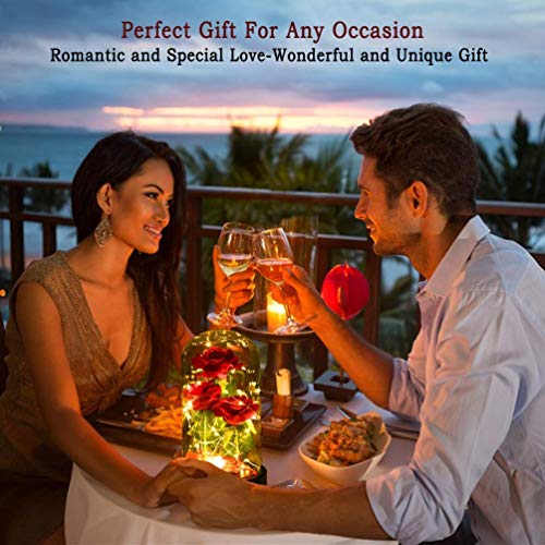 Beauty and The Beast Rose flowers, 40 LED Lights in Glass Dome on Wood Base, Warm Light mode, a Fallen leaves, Multi Use for Home/Office or Home Decorations, Mother's Day Gifts for Women - Thumbnail 5