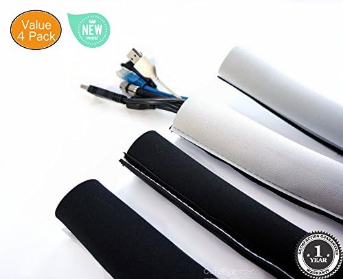 2017 New Design Cable Management Sleeve - Neoprene 20" x 4 Pack Reversible Black / White Velcro Cord Cover Wire Wrap Organizer for Desk/TV/Office/Studio/Baby Pet Proofing - by CuteEye