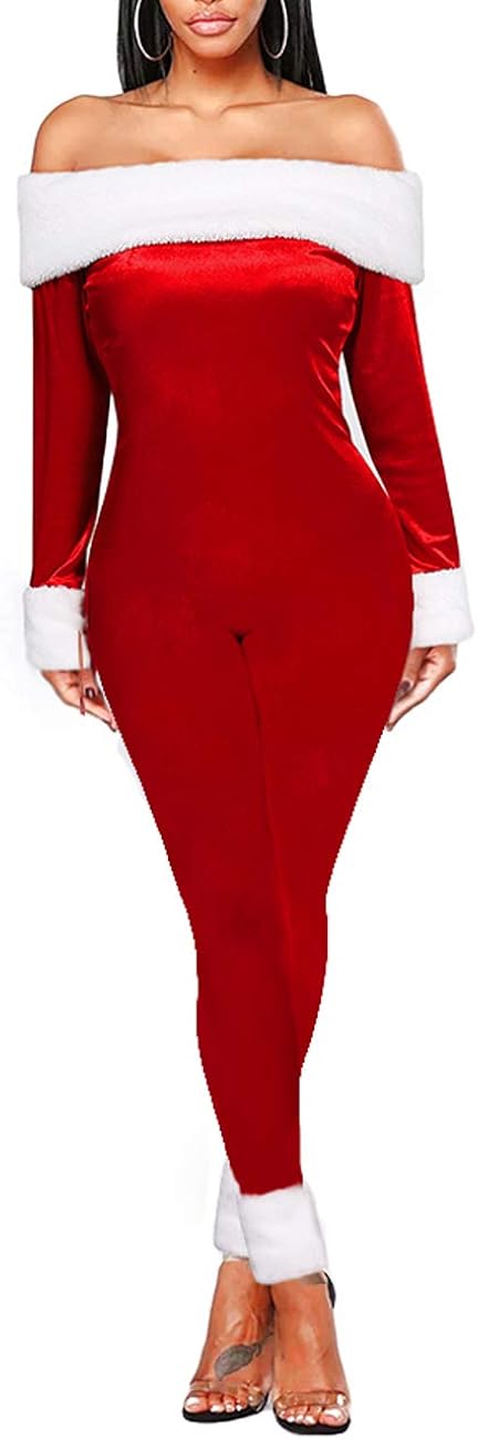 N / D Women's Christmas Jumpsuit Pajamas Sexy Off-Shoulder Velvet