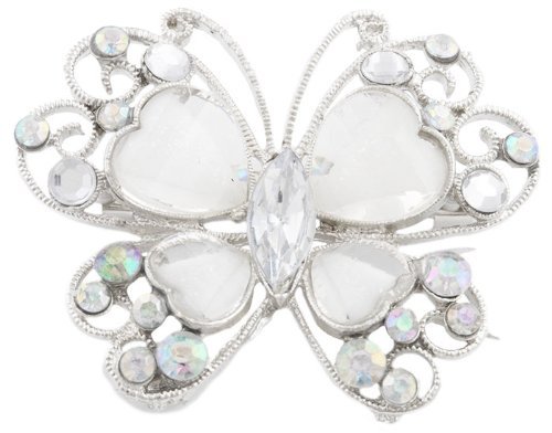 Ladies White and Silvertone Butterfly Brooch & Pin Pendant with Stones (X-3230)