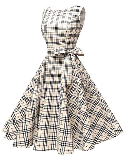 Hanpceirs Women's Boatneck Sleeveless Swing Vintage 1950s Cocktail Dress Beigeplaid, XS(fit US 0-2) - Thumbnail 3