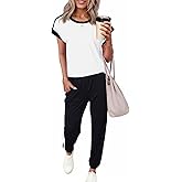 Dokotoo Women's 2 Piece Outfits Sweatsuit Colorblock Comfy Lounge Sets Knit Short Sleeve Jogger Sweatpants Tracksuits