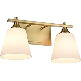Brass Bathroom Vanity Light Fixtures, 2 Lights Traditional Gold Vanity Lighting Fixture with Opal Glass Shade, Porch Wall Mou