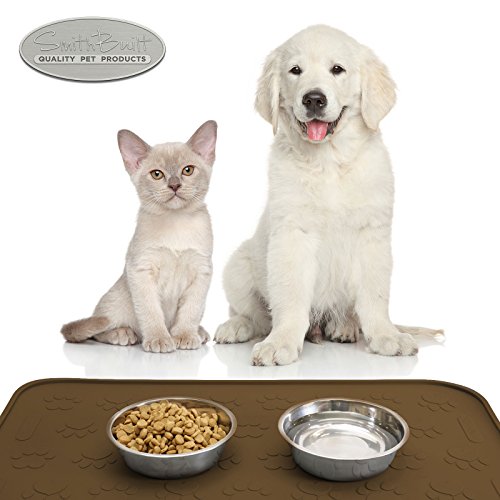 SmithBuilt 19" x 12" Dog Food Mat - Waterproof Non-Slip FDA-Grade Silicone Cat Pet Bowl Feeding Placemat - Brown