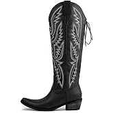 Atuelang Western Cowboy Boots for Women Knee High Wide Calf Lace Up Embroidered Cowgirl Boots