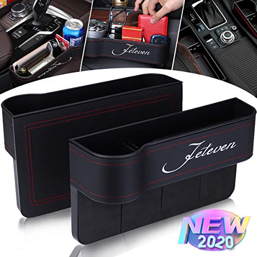 Jeteven 2 Packs PU Leather Car Organizer Front Seat Filler, Multifunctional Storage, Document Glove Coin Laptop Cellphone Wallet Cup Cards Holder, Console Side Pocket Caddy Bucket Basket
