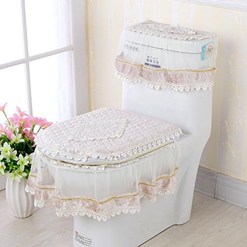 MKSFY Toilet Seat Cover European-Style Plush Zipper Tank Lace Toilet Cover, Burgundy