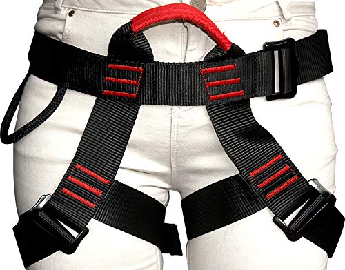 Rock Climbing Harness with Lanyard - Safety Belt Fall Protection - Tree Climbing, Outdoor Activities, Training - Premium Quality Durable Material - Adjustable Sliding Back D-Ring - Slotted Buckles - Thumbnail 7