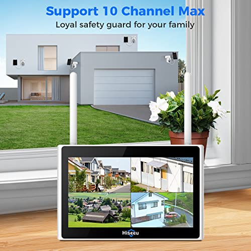 Hiseeu Solar Camera Outdoor, 4PCS 4MP Wireless Security Camera System with 10in LCD, 2-Way Audio, PT 360, Night Vision, Motion Detection, 10CH Expandable, 2.4G WiFi