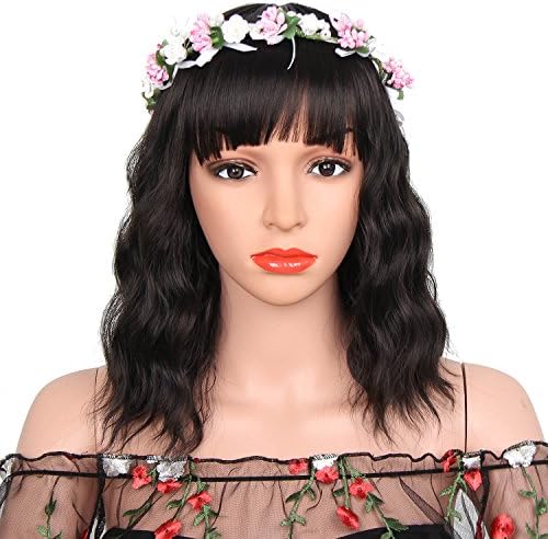 Curly Bob Wig With Bangs Black Medium Wavy Wig for Women Synthetic Black Wavy Hair Natural Heat Resistant Fiber