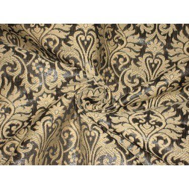 Pure Silk Brocade Fabric Metallic Steel Dark Grey & Golden Cream Color 44