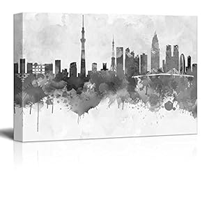 Black and White City of Tokyo in Japan with Watercolor Splotches - Canvas Art Home Art - 12x18 inches