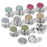 PiercingJ 12pcs 16G Stainless Steel Glitter Barbell Stud Earring Fake Cheater Piercing Ear Plug 00G (10MM) Gauge Look
