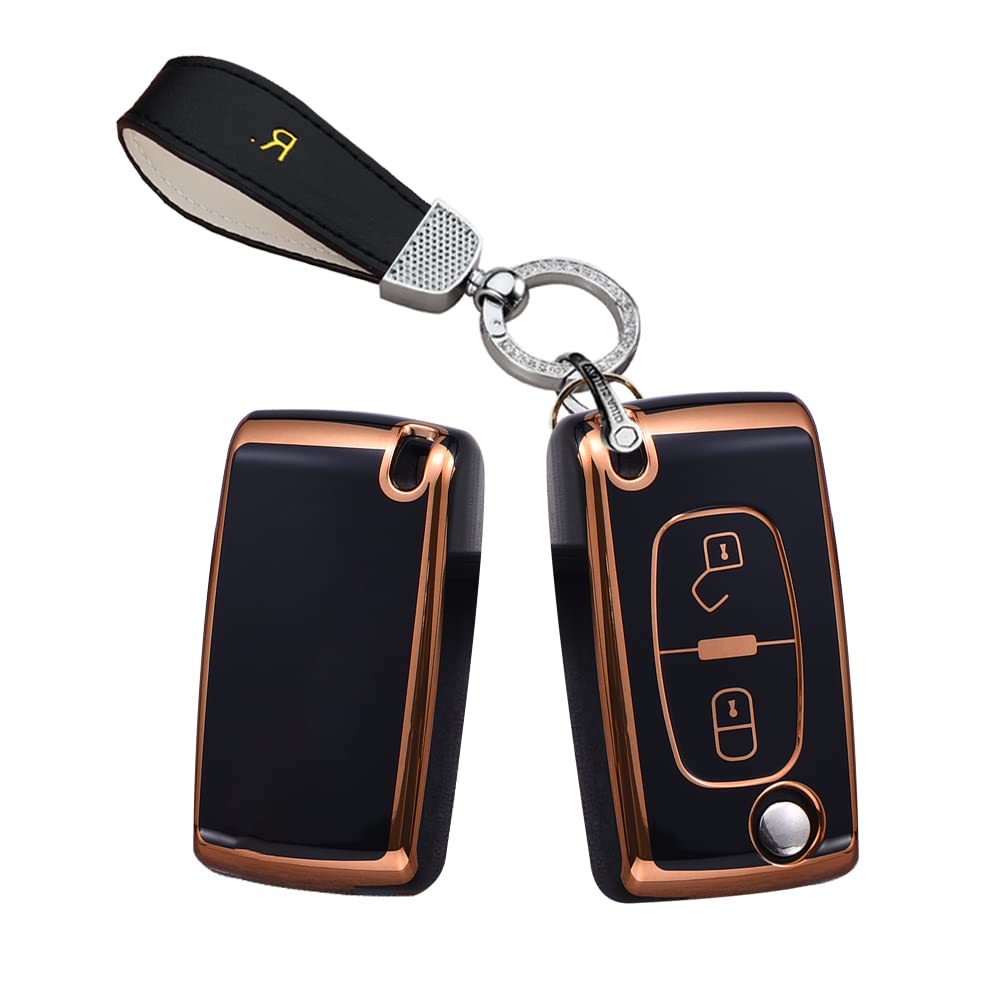 HIBEYO Flip Car Key Case Fits Peugeot Key Case TPU Silicone Protective Case for Citroen C1 C2 C3 C4 Boxer for Peugeot 207 307 407 308 Flip Key Remote Control 2 Buttons Black