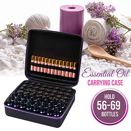 Travel Essential Oil Carrying Case/Roller Bottle Organizer - Storage for 56-69 Bottles - Holds 15-30ml 1oz & 10ml Roll on Bottles - (Carry Handle On Top) Free Roller Bottle Opener & 192 Labels
