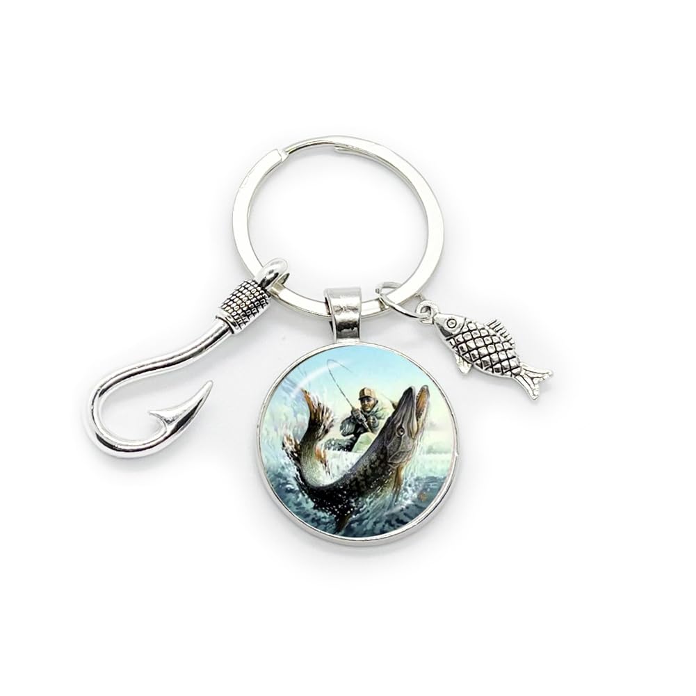 Fishing Keyring Angler Hook and Fishes Charm Keychain Accessory Gift