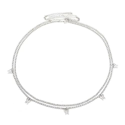 VGRDTW Rhinestone Waist Belt Women Butterfly Design Silver Crystal Waist Chain Belt for Lady with Buckle Rhinestones for Dress Jeans Wedding Party