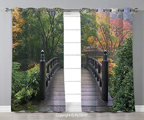 Grommet Blackout Window Curtains Drapes [ Nature,Wooden Bridge at Portland Japanese Garden Oregon in Foggy Autumnal Morning Park,Green Coral ] for Living Room Bedroom Dorm Room Classroom Kitchen Cafe