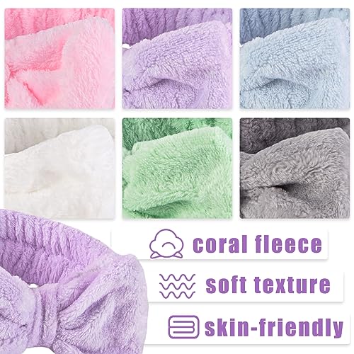 Shindel 6PCS Makeup Headbands for Women, Spa Headband Bow Tie Hair Band Coral Fleece Head Wraps for Washing Face Skincare Shower Sports Yoga 6 Assorted Colors
