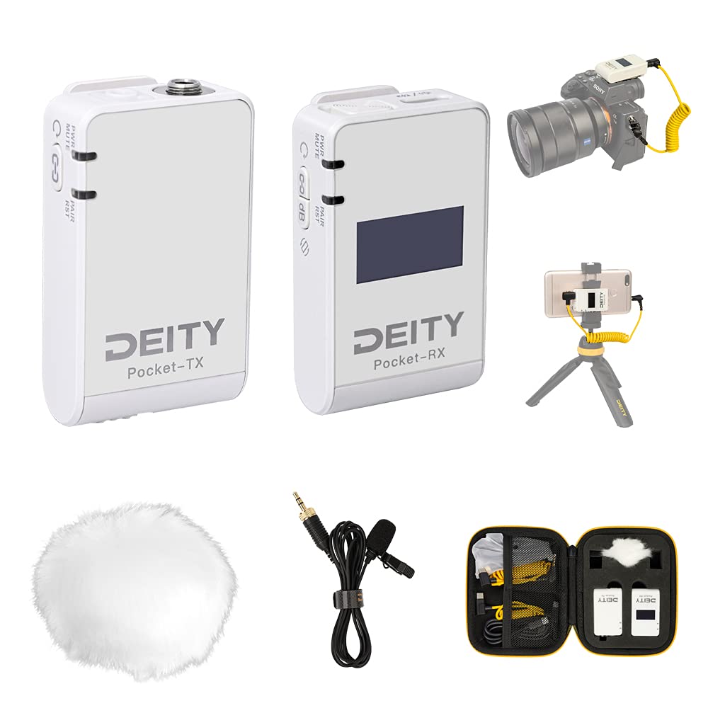 Photo 1 of Deity Pocket Wireless Microphones 2.4Ghz Pocket Wireless System Lavalier Microphone with OLED Display for Vlog Video Interview YouTube Facebook Live DSLR Camera Smartphone Tablet (White)