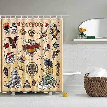 Boyouth Beach Theme Tattoos Pattern Digital Print Shower Curtains for Bathroom,Polyester Waterproof Fabric Bath Curtain with 12 Hooks,65x70 Inches,Multicolor