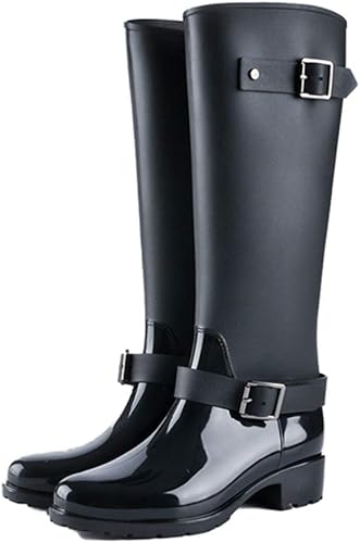 Amazon Sejuc 防水 軽量 レディース ジョッキーブーツ レインブーツ ガーデニングブーツ レインシューズ 長靴 大きいサイズ 梅雨 台風対応 ロング 防水 おしゃれ 歩きやすい エンジニアブーツ 滑りにくい 幅広 ぺたんこ バックル 美脚 レインシューズ