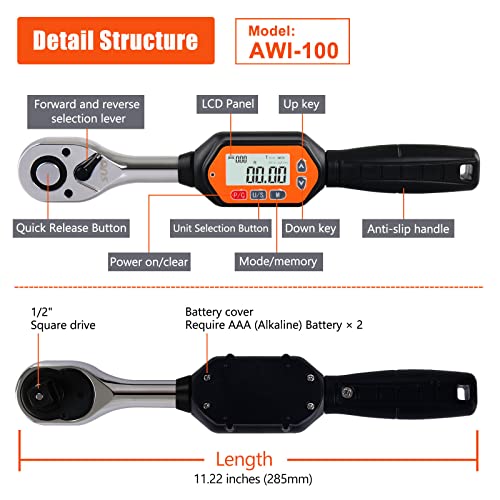 Digital Torque Wrench, 1/2inch Drive with Buzzer & LED, 2.273.7 ft