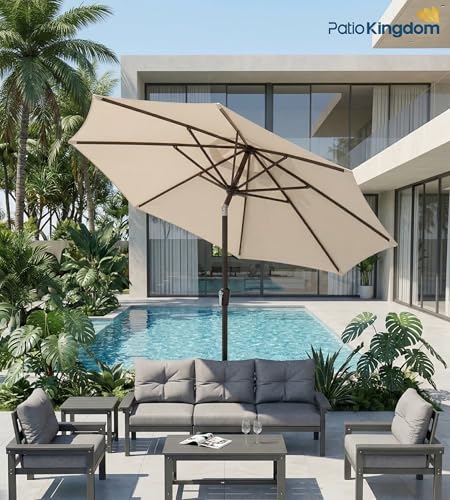 PatioKingdom 9FT Patio Umbrella with Push Button Tilt and Crank Outdoor Market Umbrella with 8 Sturdy Fiberglass Ribs and UV Protection