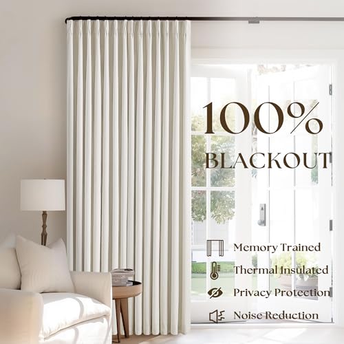 TWODRAPES 102 Inches Long Pinch Pleated Linen Blackout Curtains for Bedroom | Memory Trained Shape, 100% Blackout Light Blocking Curtains, for Living Dining Room, Natural Cream Farmhouse, with Back Tab