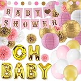 Eurus Home Girl Baby Shower Decorations Kit | 37 Supplies Set for a Great Birthday Party - Pink and Gold Flag Banners, Colorful Dot Garland, Balloons, Paper Lanterns & Rose Tissue Pom Poms