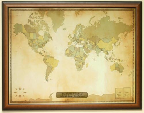 Personalized Push Pin Vintage World Travel Map with Custom Brushed Gold Plaque