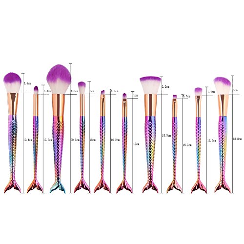 Mermaid Makeup Brush Set, Coshine 10pcs/set Colorful Rainbow Unique Mermaid Makeup Brush Set Cosmetic Tools Kits