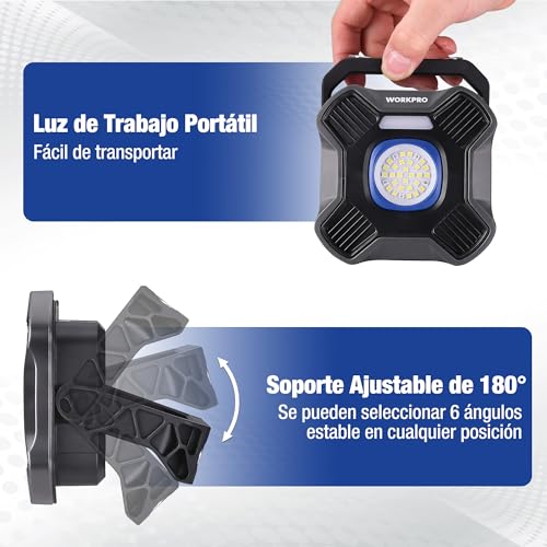 WORKPRO Rechargeable LED Spotlight with Magnets, 5 Modes, 180° Rotating Base, 2000LM Portable Work Light, with 4000mAh Battery for Camping, Garden, Fishing, Garage and Emergencies