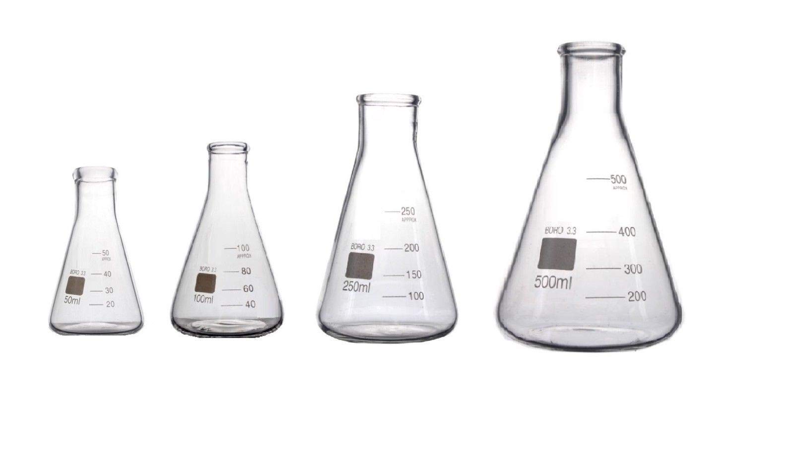 Rocwing - Borosilicate 3.3 Graduated Conical Glass Flask for Laboratory (50ml+100ml+250ml+500ml)