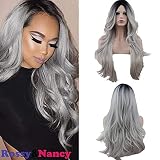 Rossy&Nancy Halloween Two Tones Cheap Synthetic Long Nature Wave Heat Resistant None Lace Wig Middle Part Ombre Black Rooted Silver Gray 130% High Density for Women