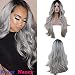 Rossy&Nancy Halloween Two Tones Cheap Synthetic Long Nature Wave Heat Resistant None Lace Wig Middle Part Ombre Black Rooted Silver Gray 130% High Density for Women