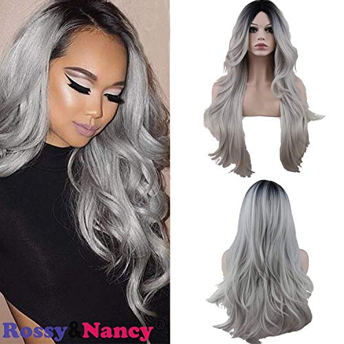 Rossy&Nancy Halloween Two Tones Cheap Synthetic Long Nature Wave Heat Resistant None Lace Wig Middle Part Ombre Black Rooted Silver Gray 130% High Density for Women