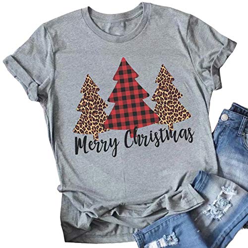 Merry Christmas Tree Print T-Shirt Women Leopard Plaid Casual Short Sleeve Tee Tops Blouse Size S (Gray)