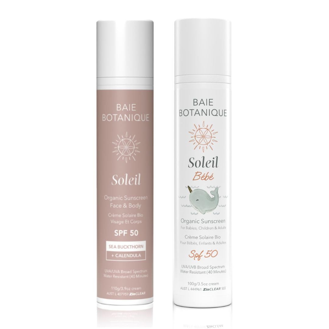 Baie Botanique Soleil - Natural and Organic Mineral Non Toxic Sunscreen Bundle: Face & Body SPF 50 (110g) + Baby SPF 50 (110g)